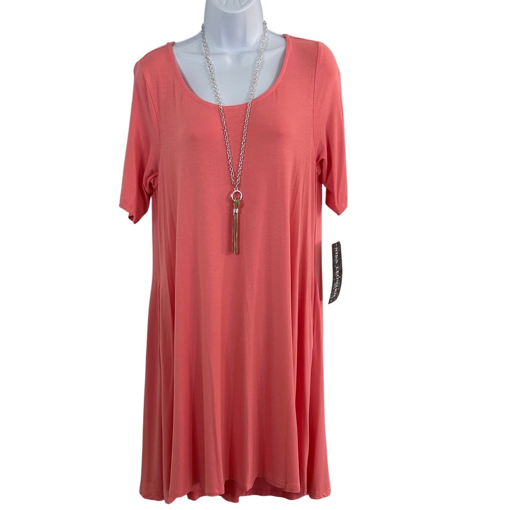 NWT Nina Leonard Coral Pink Trapeze Dress Short Sleeve Pocket Women's L KY Derby
